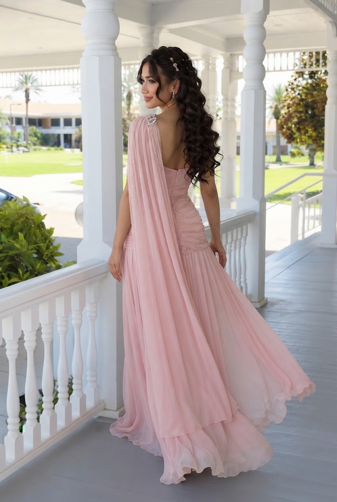 Modern Pink One Shoulder Beaded Cape Gown Classy Pleated Prom Dress,OLP2393