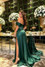 Sexy Emerald Green Satin Side Slit Prom Dress with Ruched Off-Shoulder Sleeves,OLP2245