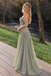 Elegant Sage Green Beaded Prom Dress Off Shoulder Chiffon Evening Gown,OLP2456