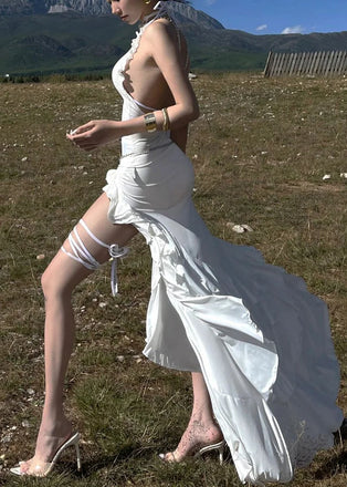 Elegant White V-Neck Mermaid Side Slit Floral Long Prom Dress Ideas, Evening Party Dresses, OLP1345