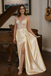 Sexy Champagne Satin Prom Gown Rhinestone Bodice High Side Slit Formal,OLP2064