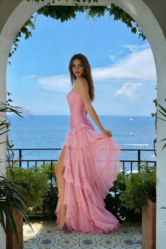 Sexy Pink Strapless Prom Gown Tiered Ruffles High Leg Slit Design,OLP2002