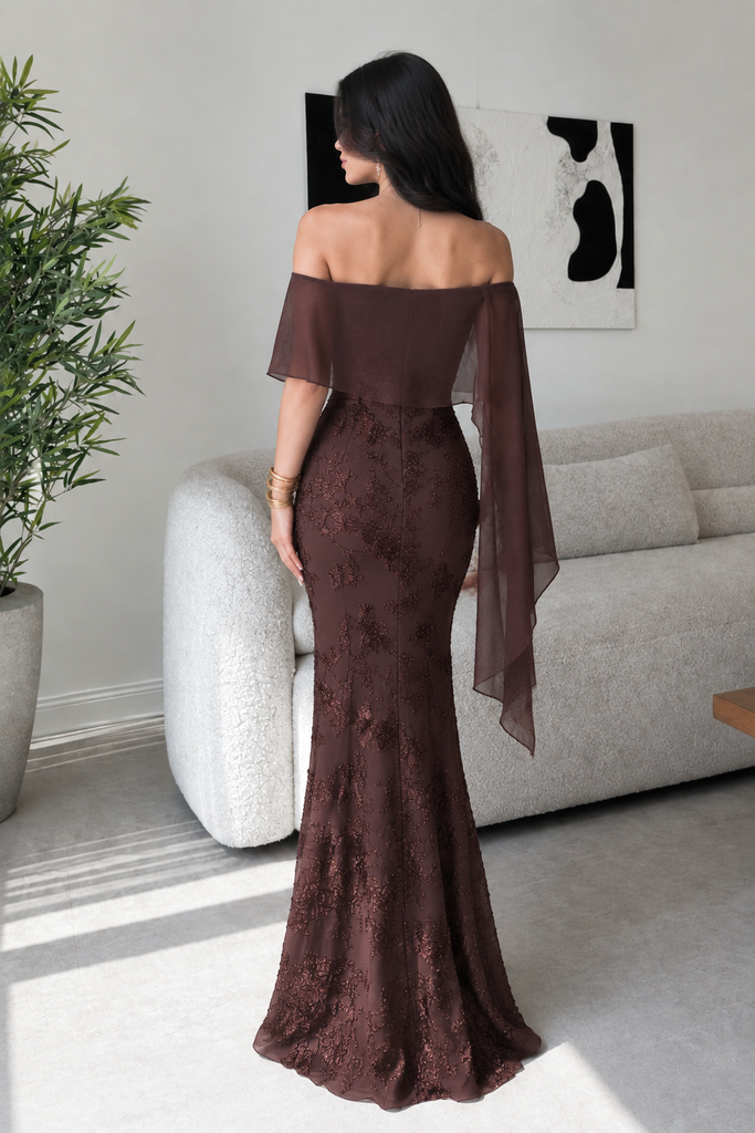 Fancy Brown Off Shoulder Sheer Sleeve Floral Embroidered Prom Dress,OLP251