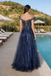 Sexy Midnight Blue Corset Prom Dress Glitter Tulle Off-Shoulder Ball Gown,OLP2025