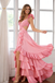 Sexy Pink Satin Prom Dress V Neck Cutout Waist Tiered Ruffle High Slit Gown,OLP2112