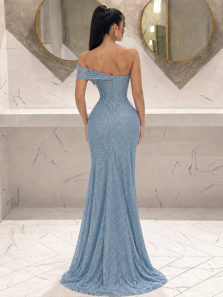 Sexy Dusty Blue One-Shoulder Cutout Beaded Glitter High Slit Prom Dress,OLP2487