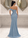 Sexy Dusty Blue One-Shoulder Cutout Beaded Glitter High Slit Prom Dress,OLP2487
