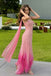 Modern Sexy Pink Sequin V-neck Slit Spaghetti Strap Long Prom Dress With Shimmering Ruffles,OLP2294