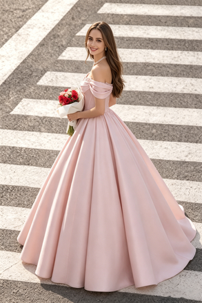 Pretty Off-The-Shoulder Blush Pink Satin Ball Gown Prom Dress,OLP2213