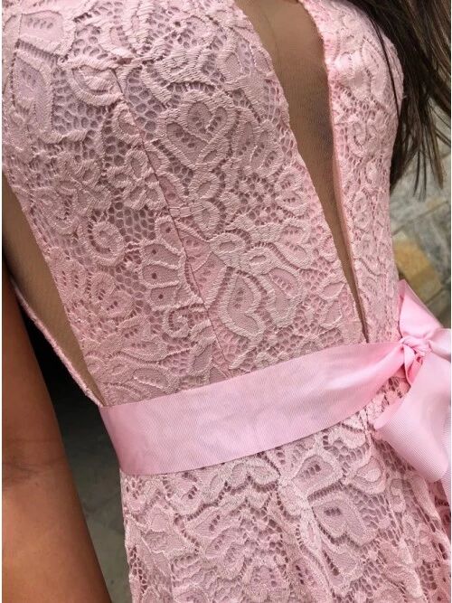 Elegant Pink V-Neck Side Slit Long Prom Dress Ideas, Evening Party Dresses, OLP1571