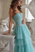 Unique Light Blue Tiered Tulle Party Dress Strapless A-Line Long Prom Dress,OLP2355
