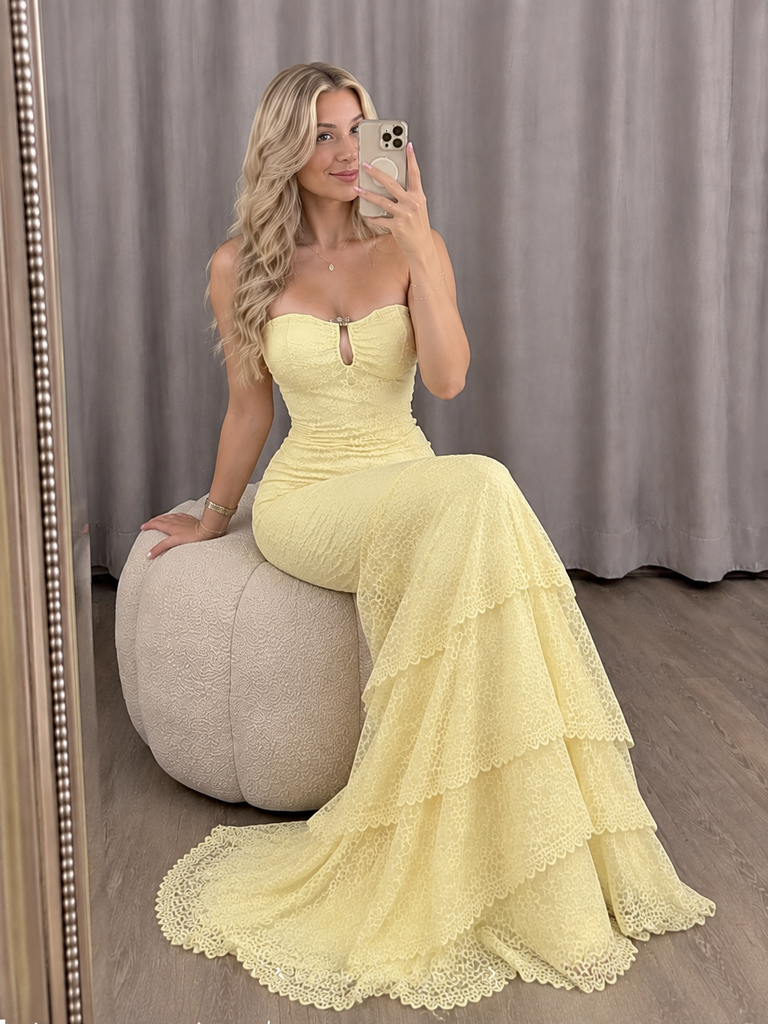 Stunning Yellow Strapless Tiered Trumpet Long Prom Dress Lace Ruffled Chic,OLP2431