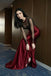Sexy Burgundy Mermaid Evening Gown Beaded Sheer Long Sleeve Prom Dress,OLP2308