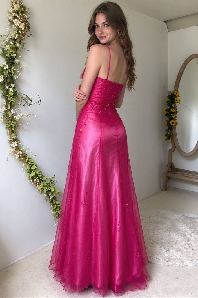 Classy Hot Pink Spaghetti Strap Beaded Prom Dress Sleek Long Satin Dress,OLP2445
