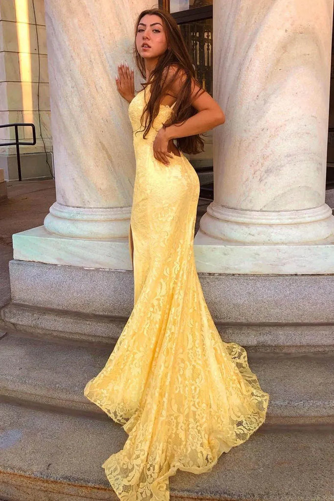 Unique Yellow Lace Applique Mermaid Prom Dress with Deep V-Neck Formal Gown,OLP1752