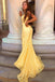 Unique Yellow Lace Applique Mermaid Prom Dress with Deep V-Neck Formal Gown,OLP1752
