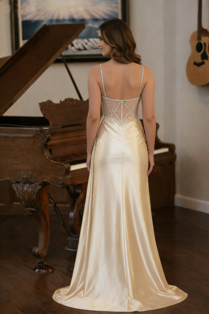 Sexy Champagne Satin Prom Gown Rhinestone Bodice High Side Slit Formal,OLP2064