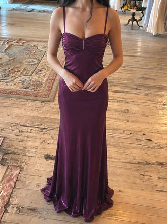 Stunning Purple Ruched Bodycon Prom Dress Spaghetti Straps Unique Party Gown,OLP2398