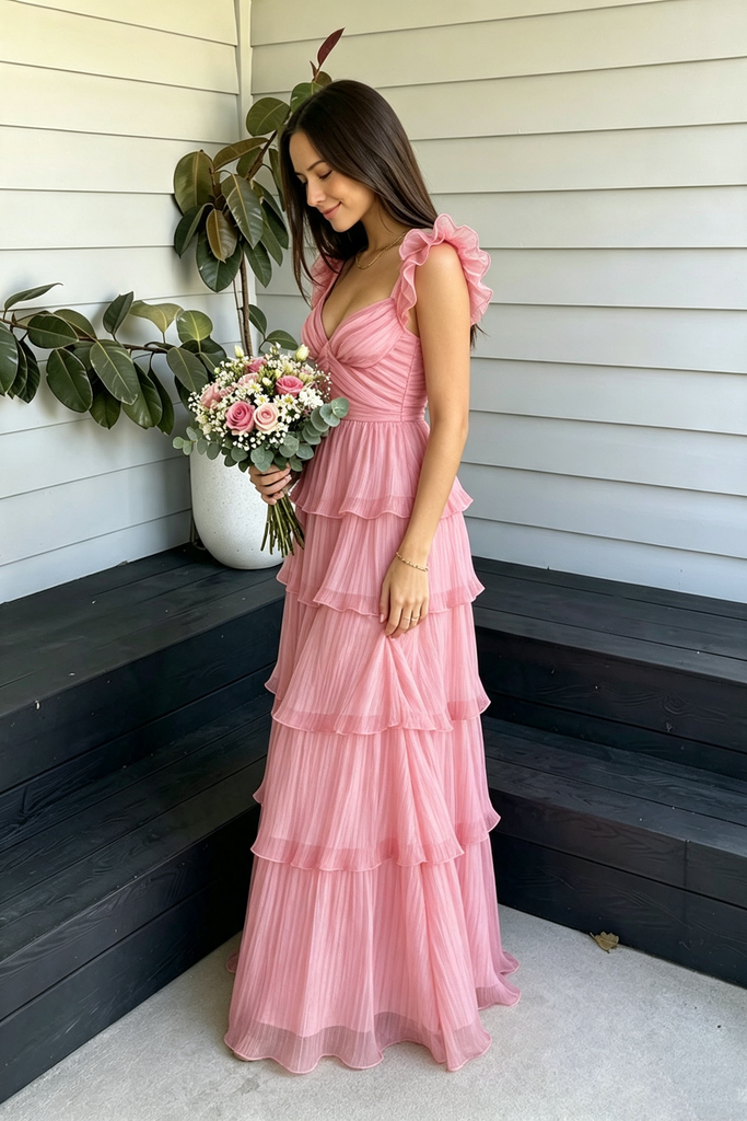 Pretty Pink Maxi Prom Dress Sweetheart Neck Ruffled Cap Sleeve Tiered Gown,OLP2353