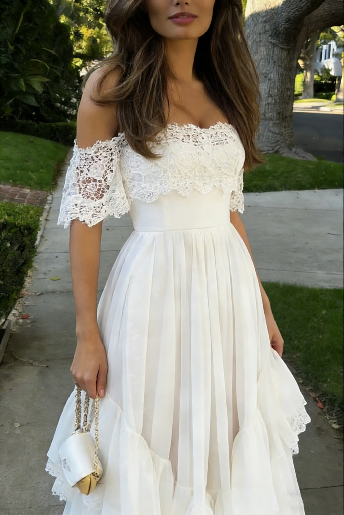 Unique White Lace Prom Gown Off-Shoulder Tiered A-Line Evening Dress,OLP1786