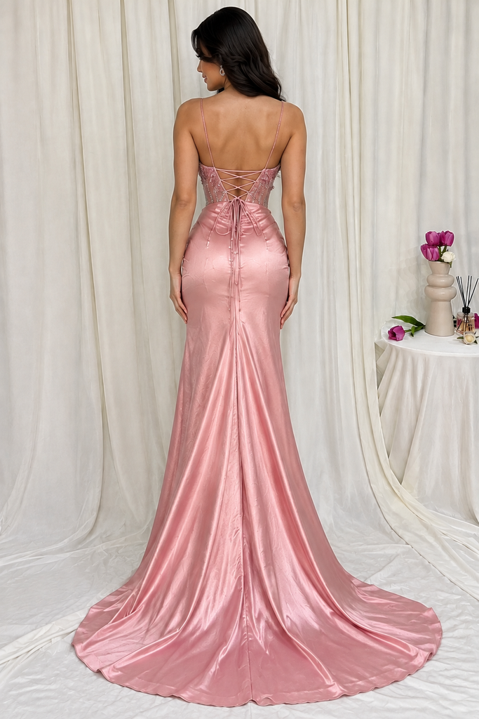 Fancy Dusty Pink Spaghetti Strap Corset Satin Prom Dress,OLP2464