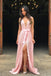 Elegant Pink V-Neck Side Slit Long Prom Dress Ideas, Evening Party Dresses, OLP1571