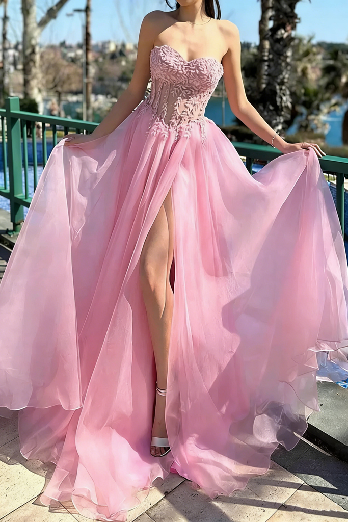 Sexy Strapless Pink Chiffon A-Line Prom Dress With High Slit,OLP1865