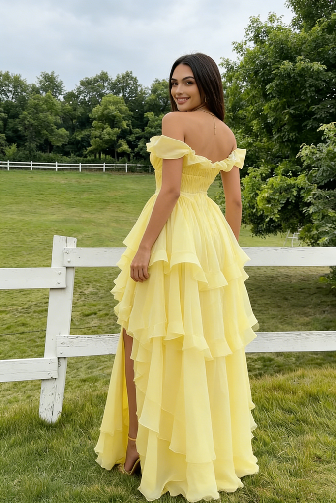 Sexy High-Low Chiffon Prom Gown Off-Shoulder Ruffled Layered Yellow Dress,OLP2124