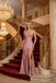 Chic Dusty Pink Satin Side Slit Prom Gown Featuring Sequin Bustier Bodice,OLP1892