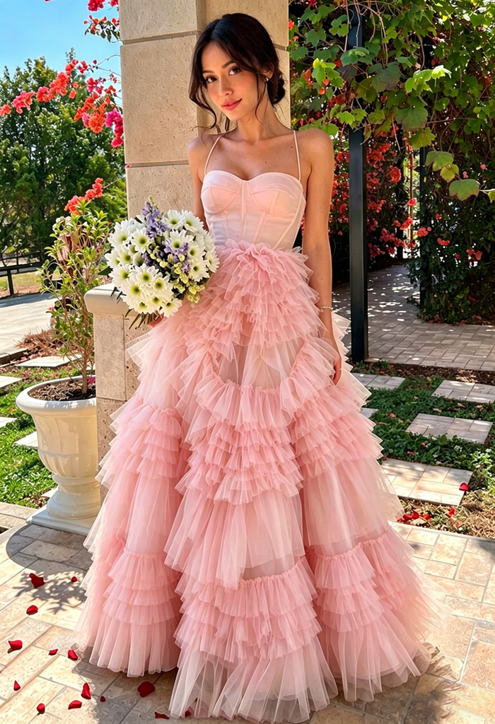 Yellow Square Neck Spaghetti Strap Tulle Ruffled Ball Gown Prom Dress,OLP2207