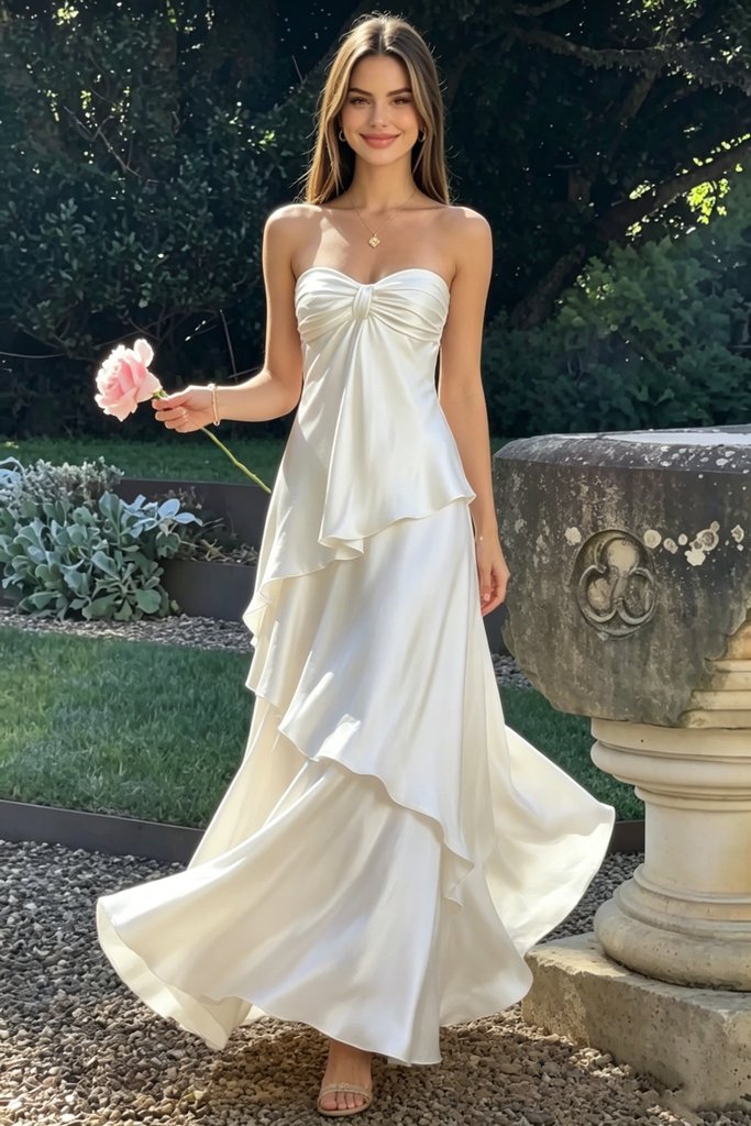 Elegant White Satin Prom Dress Strapless Ruched Bodice Tiered Skirt Maxi Gown,OLP2248