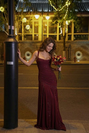 Stunning Burgundy Chiffon Mermaid Gala Gown Sleeveless Ruched Prom Dress,OLP2316