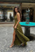 Fancy Pleated Olive Green Halter Neck Long Prom Dress with Classy High Slit,OLP2341