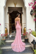 Beautiful Mermaid Pink Draped High Slit V-neck Strapless Prom Dress,OLP2162
