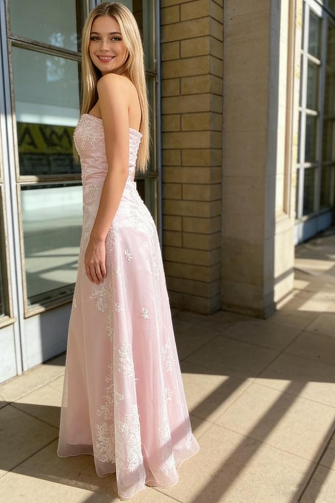 Elegant Sweetheart Strapless A-Line Pink Tulle Lace Applique Long Prom Dress,OLP2181