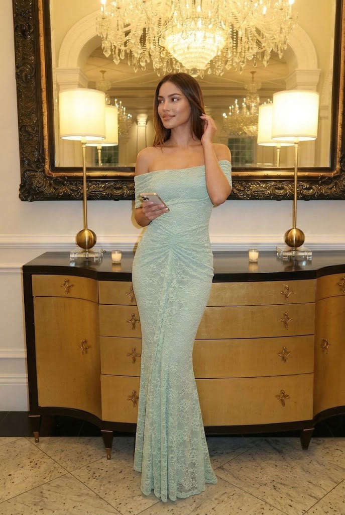 Classy Light Green Lace Mermaid Prom Dress Off Shoulder Ruched Detail Formal,OLP2321