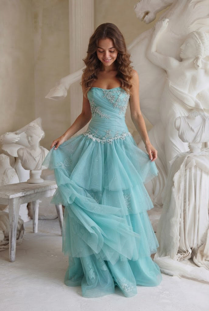 Unique Light Blue Tiered Tulle Party Dress Strapless A-Line Long Prom Dress,OLP2355