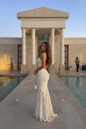 Modern White Lace Mermaid Prom Dress Spaghetti Straps Floor Length Elegant White,OLP2383