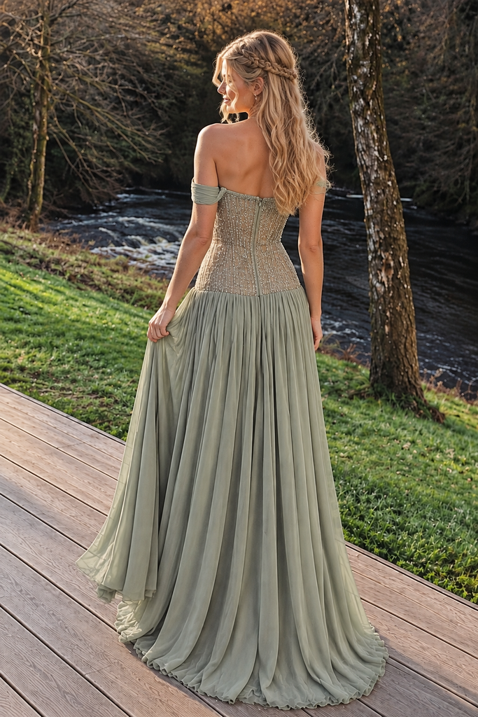 Elegant Sage Green Beaded Prom Dress Off Shoulder Chiffon Evening Gown,OLP2456