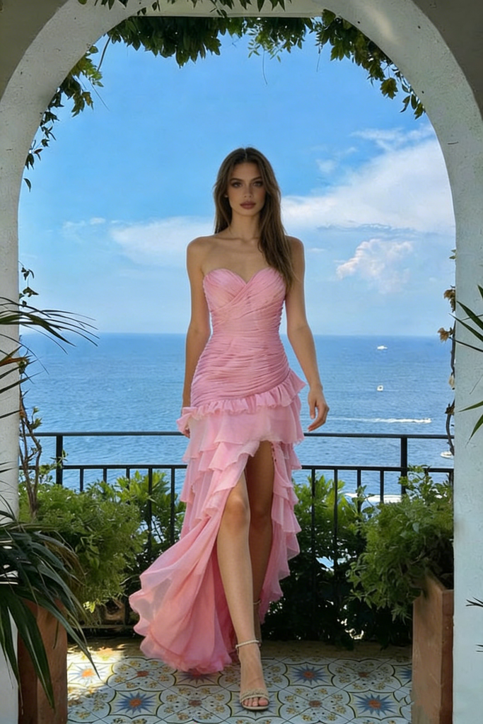 Sexy Pink Strapless Prom Gown Tiered Ruffles High Leg Slit Design,OLP2002