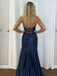Sexy Navy Blue Strapless Prom Dress with Cut-outs and High Slit Evening Gown,OLP1765