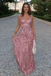 Sparkling Rose Gold Sequin Evening Gown Cutout Waist Sleeveless Party Dress,OLP2046