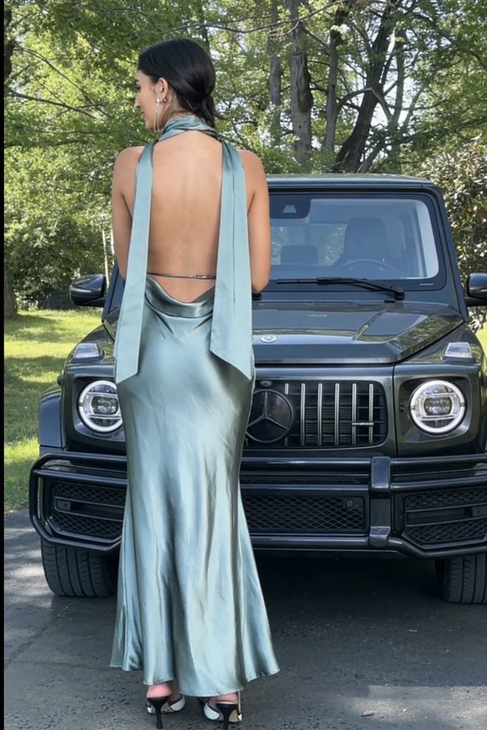 Elegant Halter Neck Sage Green Prom Dress Satin Backless Mermaid Formal Party Gown,OLP2055