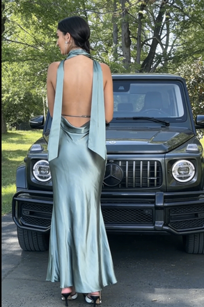 Elegant Halter Neck Sage Green Prom Dress Satin Backless Mermaid Formal Party Gown,OLP2055