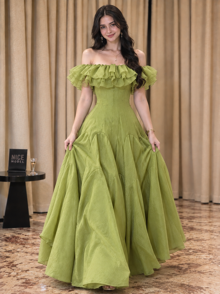 Unique Sage Green Classy Ruffled Off-the-Shoulder A-Line Prom Dress,OLP2435