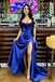Classy Royal Blue Satin Prom Dress 3D Floral Bodice High Slit Formal Gown,OLP2236