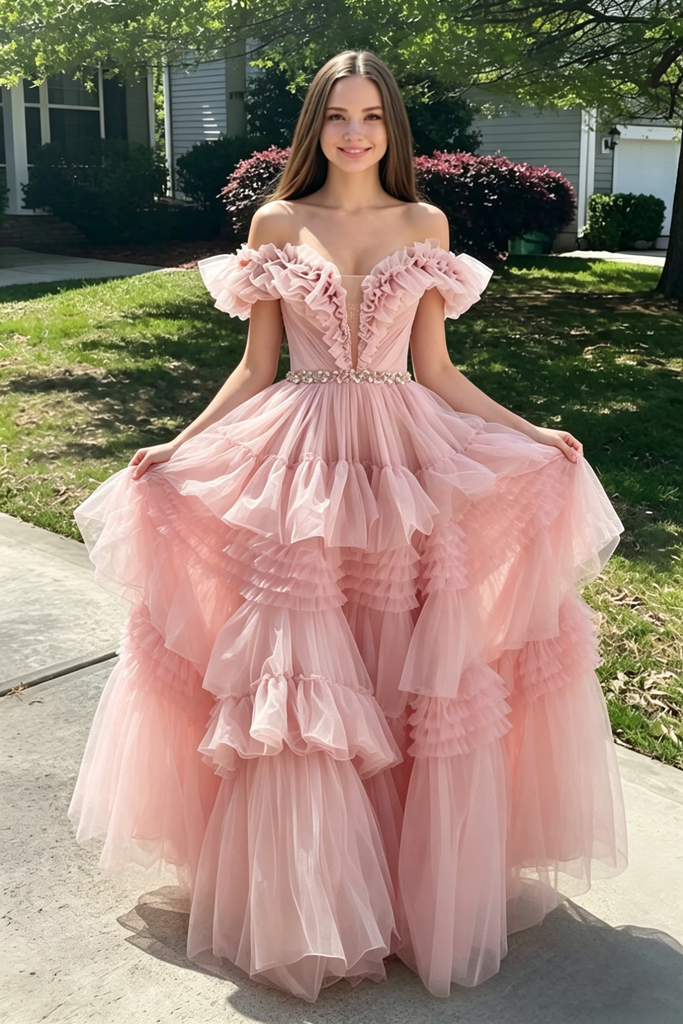 Unique Pink Tiered Tulle Prom Dress V Neck Ruffle Sleeve Beaded Ball Gown,OLP2200
