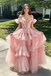 Unique Pink Tiered Tulle Prom Dress V Neck Ruffle Sleeve Beaded Ball Gown,OLP2200