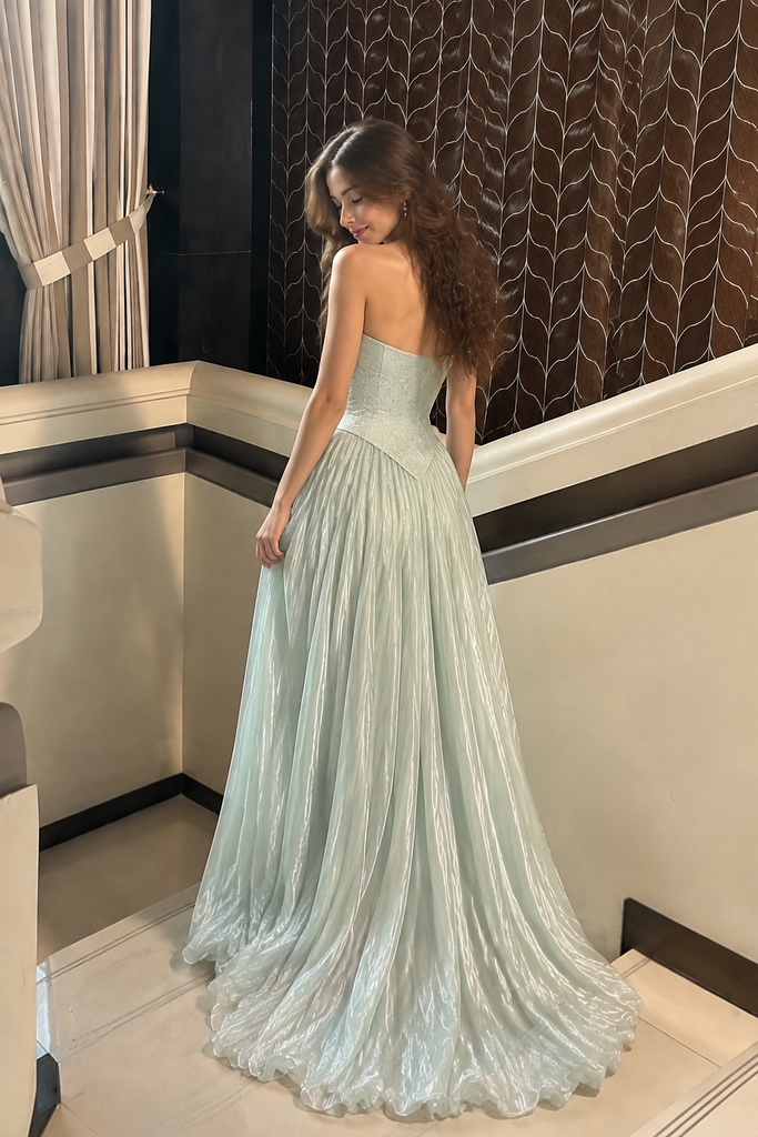 Unique Mint Green Strapless Lace Corset Shimmer Prom Dress,OLP2449
