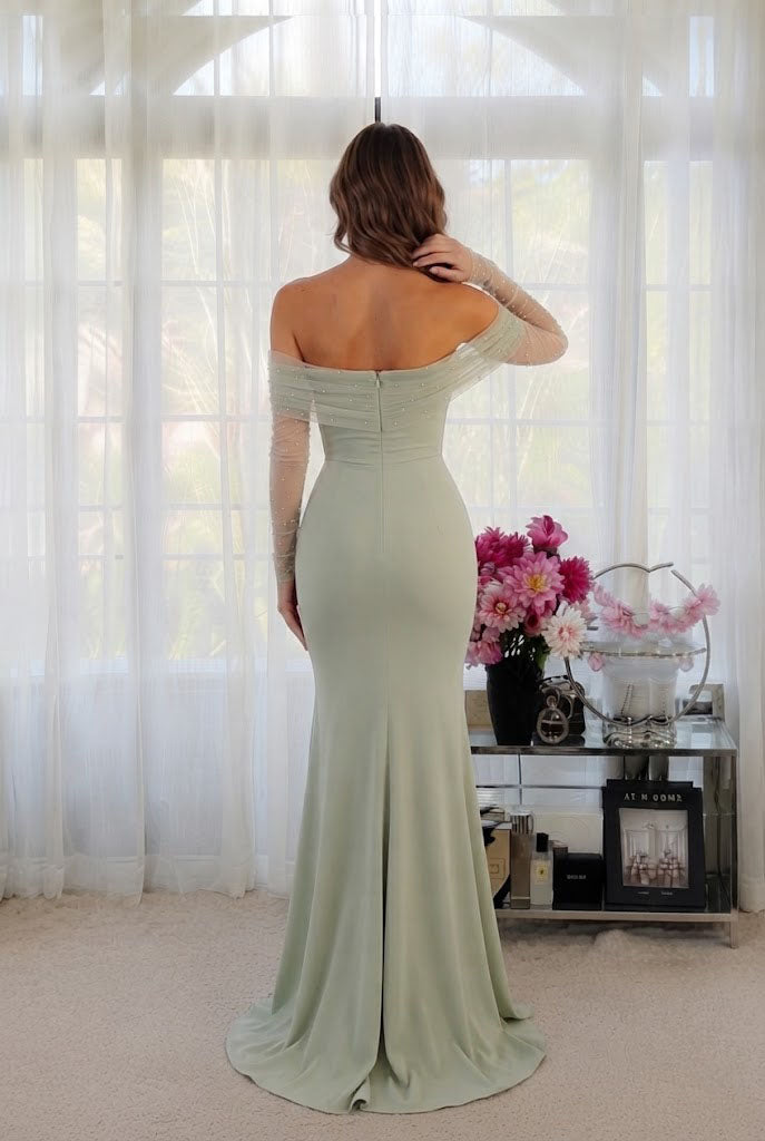 Classy Sage Green Off Shoulder Mermaid Prom Dress Long Sleeve Pearl Illusion Gown,OLP2387
